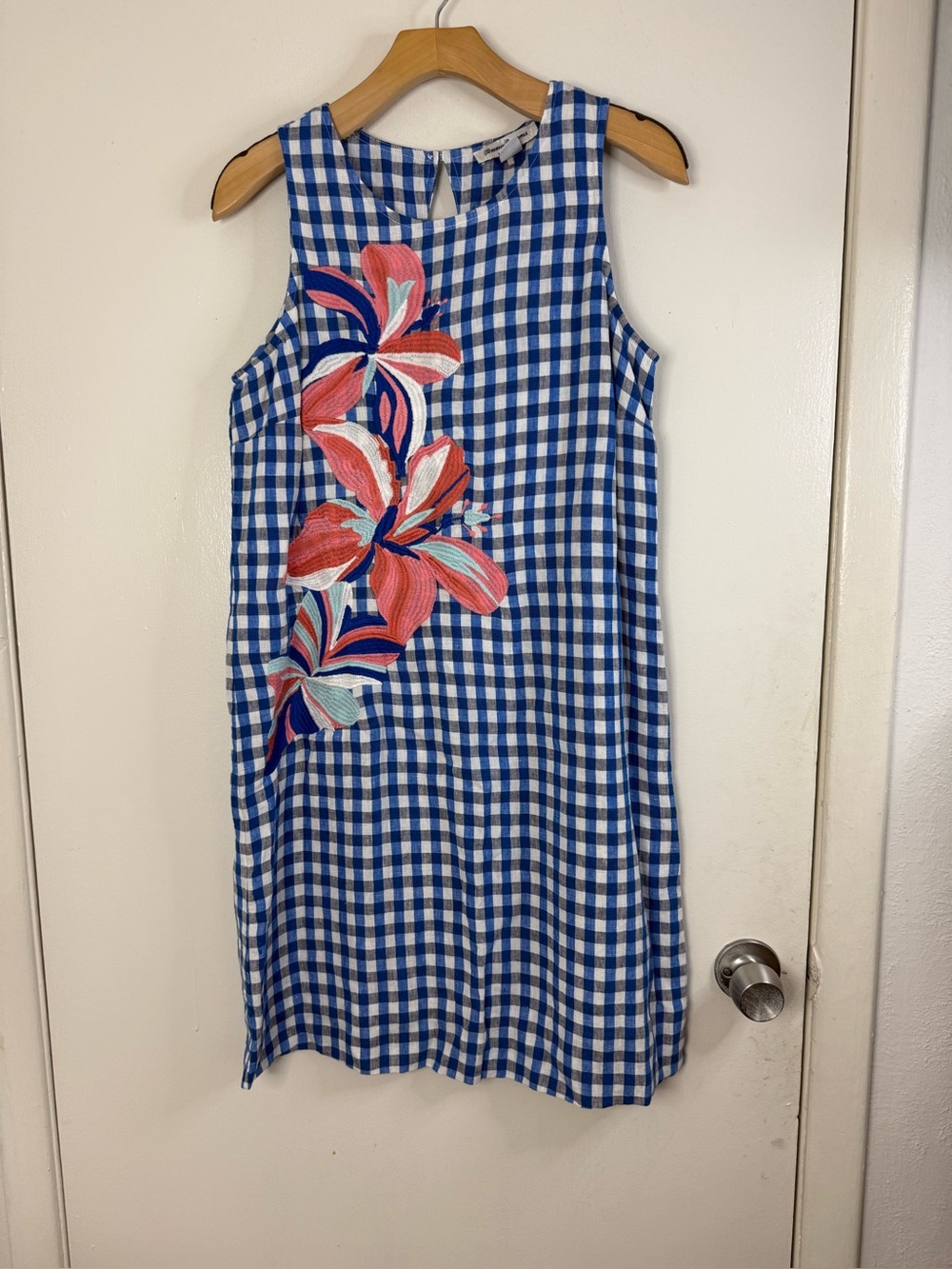 Tommy Bahama blue gingham linen floral embroidered sleeveless mini dress S